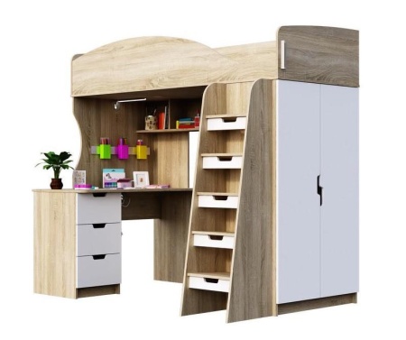 Детская Кровать-Чердак Сэнди Дуб Сонома/Белый Глянец (Д-1235 х В-1820 х Г-2038 мм)